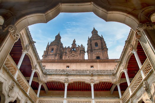 Beautiful architectural view from inside Clerecía Church in Salamanca, Spain.