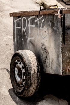 Weathered street cart with graffiti writing on an urban street, highlighting decay.